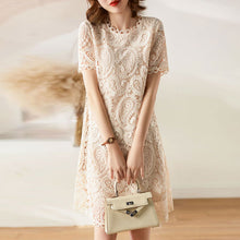 画像をギャラリービューアに読み込む, フランス気質レース切り替え透かし彫り無地着痩せ効果カジュアルワンピース