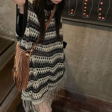 画像をギャラリービューアに読み込む, ニットタッセル配色切替ノースリーブベストワンピース