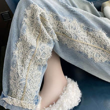 画像をギャラリービューアに読み込む, ブルーレース切り替えカジュアルコーデしやすいハイウエスト着痩せ効果カジュアルパンツ