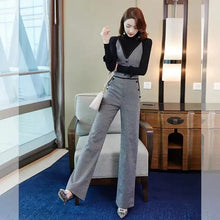 画像をギャラリービューアに読み込む, 黒ニットトップス&チェック柄ジャンプスーツワイドレッグオールインワンセットアップ(ストラップ調節可能)