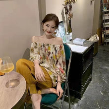 画像をギャラリービューアに読み込む, 花柄オフショルダーシャツ・ブラウストップス&無地高級感ワイドレッグパンツセットアップ