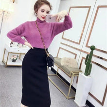 画像をギャラリービューアに読み込む, ハイネックふわふわニットセーター&黒ニットスカートセットアップ