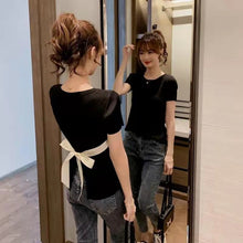 画像をギャラリービューアに読み込む, コーデしやすいクルーネックガウチョ蝶結び付き半袖スリット無地ニットセータートップス