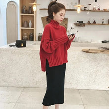 画像をギャラリービューアに読み込む, 3カラー選択ハイネック無地ニットセーター&Hライン黒ニットスカートセットアップ