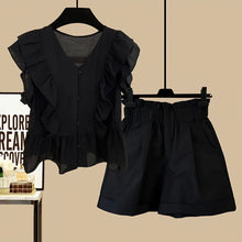 画像をギャラリービューアに読み込む, フレア裾黒ブラウストップス&ハイウエストショートパンツセットアップ