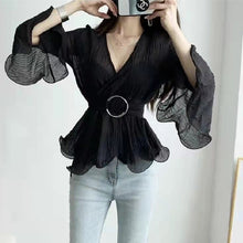 画像をギャラリービューアに読み込む, 絶対欲しい優しい気質トランペットスリーブフリル裾ファッション合わせやすいシャツ・ブラウストップス