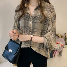 画像をギャラリービューアに読み込む, 人気 長袖シンプル折襟ボタンチェック柄ブラウス