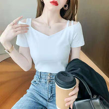 画像をギャラリービューアに読み込む, オフショルダーTシャツ 着痩せ効果半袖無地シャツ・ブラウス