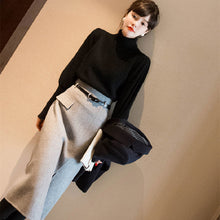 画像をギャラリービューアに読み込む, 気質よいハイネック無地セーター&2colorsスリットロングスカートセットアップ