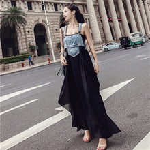 画像をギャラリービューアに読み込む, デニム切り替え大振り子マキシワンピースサスペンダーワンピース(調節可)