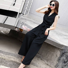 画像をギャラリービューアに読み込む, レデイースファッションVネック気質無袖無地ワイドレッグパンツハイウエスト着痩せ効果オールインワン·サロペットデートワンピース