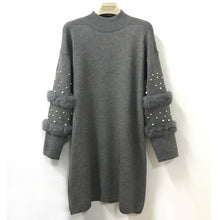画像をギャラリービューアに読み込む, 4カラー選択ビーズ付きファーニットチュニックニットワンピース