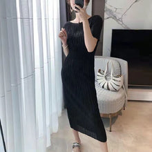 画像をギャラリービューアに読み込む, レデイースファッションストライプクルーネック無地半袖ハイウエストロングデートワンピース
