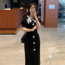 画像をギャラリービューアに読み込む, レース花柄ネック半袖パフスリーブデートワンピース通勤OLコーデ気質アップ