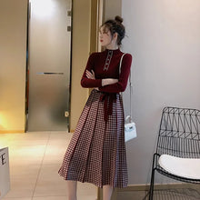 画像をギャラリービューアに読み込む, ニットチェック柄切替ニットワンピースデートワンピースリボン