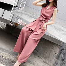 画像をギャラリービューアに読み込む, レデイースファッションVネック気質無袖無地ワイドレッグパンツハイウエスト着痩せ効果オールインワン·サロペットデートワンピース