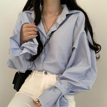 画像をギャラリービューアに読み込む, ストライプ柄フラウンススリーブシャツブラウストップス