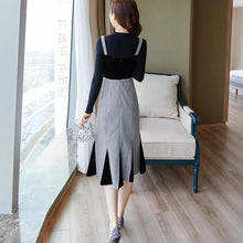 画像をギャラリービューアに読み込む, 気質アップ無地ニットトップス&チェック柄切替マーメイドワンピースセットアップ