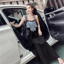 画像をギャラリービューアに読み込む, デニム切り替え大振り子マキシワンピースサスペンダーワンピース(調節可)