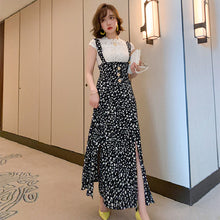 画像をギャラリービューアに読み込む, ホワイトレース透かし彫りブラウス&サスペンダーワンピーストッド柄シフォンワンピースセットアップ