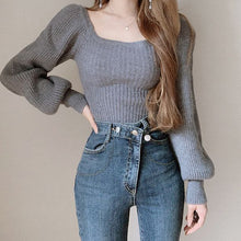 画像をギャラリービューアに読み込む, 韓国風スウィート無地4カラーランタンスリーブスクエアネックニットトップス