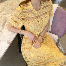 画像をギャラリービューアに読み込む, レース透かし彫りイエロー無地半袖デートワンピース優雅ワンピースエレガントドレスパーティー