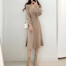 画像をギャラリービューアに読み込む, 3カラー韓国風気質よいエレガントⅤネックスリム着瘦せフリルギャザーニットワンピース