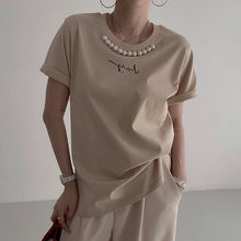 画像をギャラリービューアに読み込む, シンプルコーデアルファペットプリントビーズ付きTシャツトップス