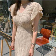 画像をギャラリービューアに読み込む, 優しい雰囲気フレンチ袖ハイウエストロングニットデートワンピース&無地スリップワンピースセットアップ