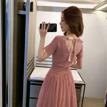 画像をギャラリービューアに読み込む, ニット切り替え半袖後ろボウタイメッシュスカートデートワンピース