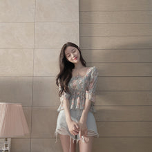 画像をギャラリービューアに読み込む, ギャザーストレッチシフォン花柄シャツ