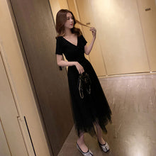 画像をギャラリービューアに読み込む, ニット切り替え半袖後ろボウタイメッシュスカートデートワンピース