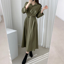 画像をギャラリービューアに読み込む, 韓国風デザイン感シンプル無地折り襟長袖ロングワンピース