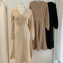 画像をギャラリービューアに読み込む, 3カラー韓国風気質よいエレガントⅤネックスリム着瘦せフリルギャザーニットワンピース