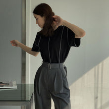 画像をギャラリービューアに読み込む, ストライプ半袖リゾートTシャツ通勤日常コーデトップス肩パッド付