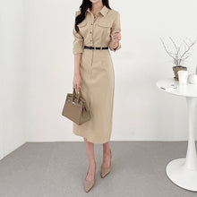 画像をギャラリービューアに読み込む, 通勤OLコーデ折ネックスリットワンピース(ベルト付き)