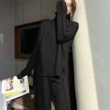画像をギャラリービューアに読み込む, 3COLORS秋冬シンプル無地ハイネックスリットニットセーター&合わせやすいロングパンツセットアップ