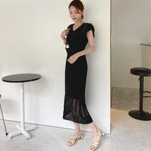 画像をギャラリービューアに読み込む, 優しい雰囲気フレンチ袖ハイウエストロングニットデートワンピース&無地スリップワンピースセットアップ