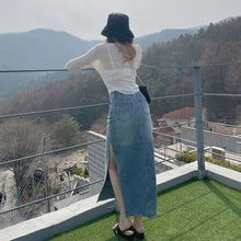 画像をギャラリービューアに読み込む, デニムスリットスカート美脚長脚デニムスカートロングスカート