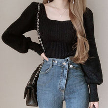画像をギャラリービューアに読み込む, 韓国風スウィート無地4カラーランタンスリーブスクエアネックニットトップス