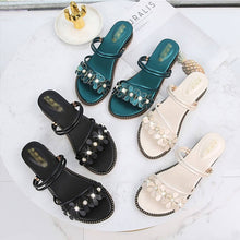 画像をギャラリービューアに読み込む, ビーズ付き花柄ローヒールサンダル履き心地よいシューズ