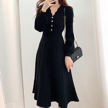 画像をギャラリービューアに読み込む, 3カラー韓国風気質よいエレガントⅤネックスリム着瘦せフリルギャザーニットワンピース