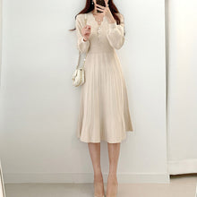 画像をギャラリービューアに読み込む, 3カラー韓国風気質よいエレガントⅤネックスリム着瘦せフリルギャザーニットワンピース