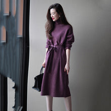 画像をギャラリービューアに読み込む, 優しい雰囲気無地ハイネックリボン気質よいニットロングワンピース