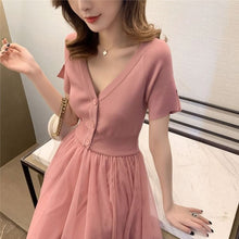 画像をギャラリービューアに読み込む, ニット切り替え半袖後ろボウタイメッシュスカートデートワンピース