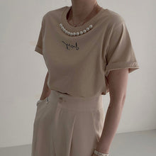 画像をギャラリービューアに読み込む, シンプルコーデアルファペットプリントビーズ付きTシャツトップス