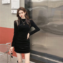 画像をギャラリービューアに読み込む, 初秋2カラー選択気質無地長袖着痩せ効果ゴールデンベルベットデートワンピース