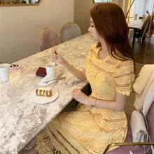 画像をギャラリービューアに読み込む, レース透かし彫りイエロー無地半袖デートワンピース優雅ワンピースエレガントドレスパーティー