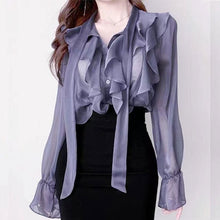 画像をギャラリービューアに読み込む, フレア裾フラウンススリーブシースルーブラウスシャツトップス