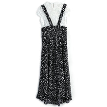 画像をギャラリービューアに読み込む, ホワイトレース透かし彫りブラウス&サスペンダーワンピーストッド柄シフォンワンピースセットアップ